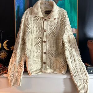 Vintage 80s 90s Handmade Cable Knit Wool Fisherman Sweater Large